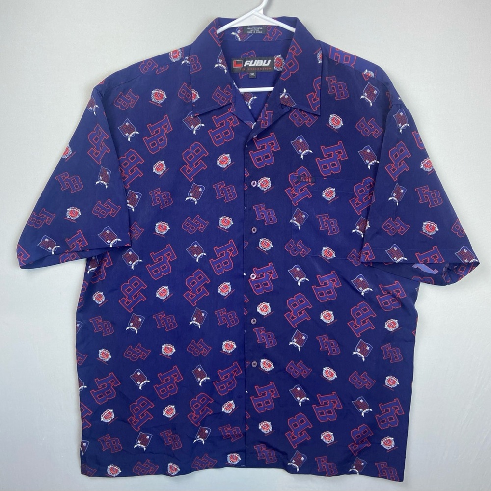 Fubu AOP Button Up Shirt Y2K Men’s 2XL Blue Red 2 Tone Hip Hop Baggy Polyester